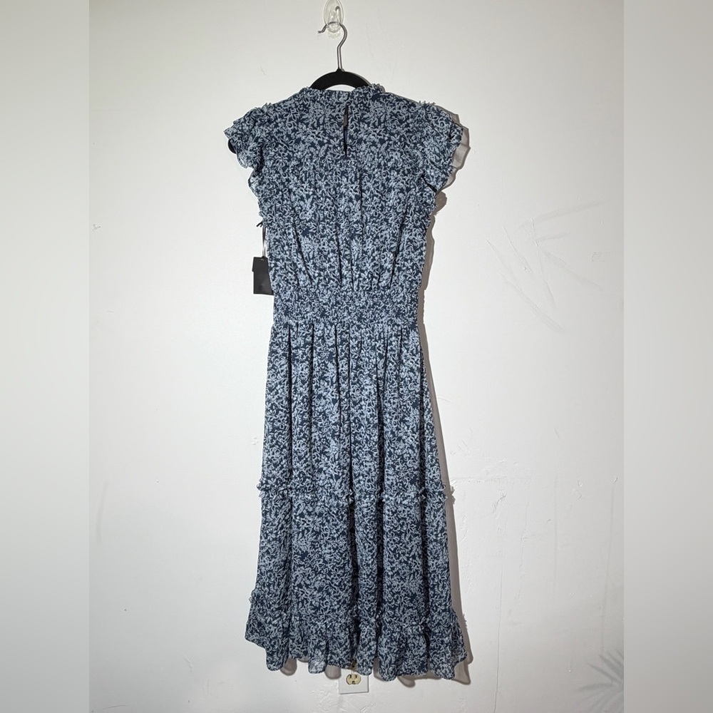 Halogen Navy Blue Floral Smocked Midi Dress Ruffle Sleeve Sz S Cottagecore - Picture 4 of 8